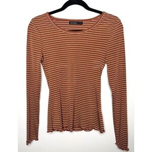 Mikarose Women's XS Rust Striped Ribbed Long Sleeve Top Minimalist Earth Tones